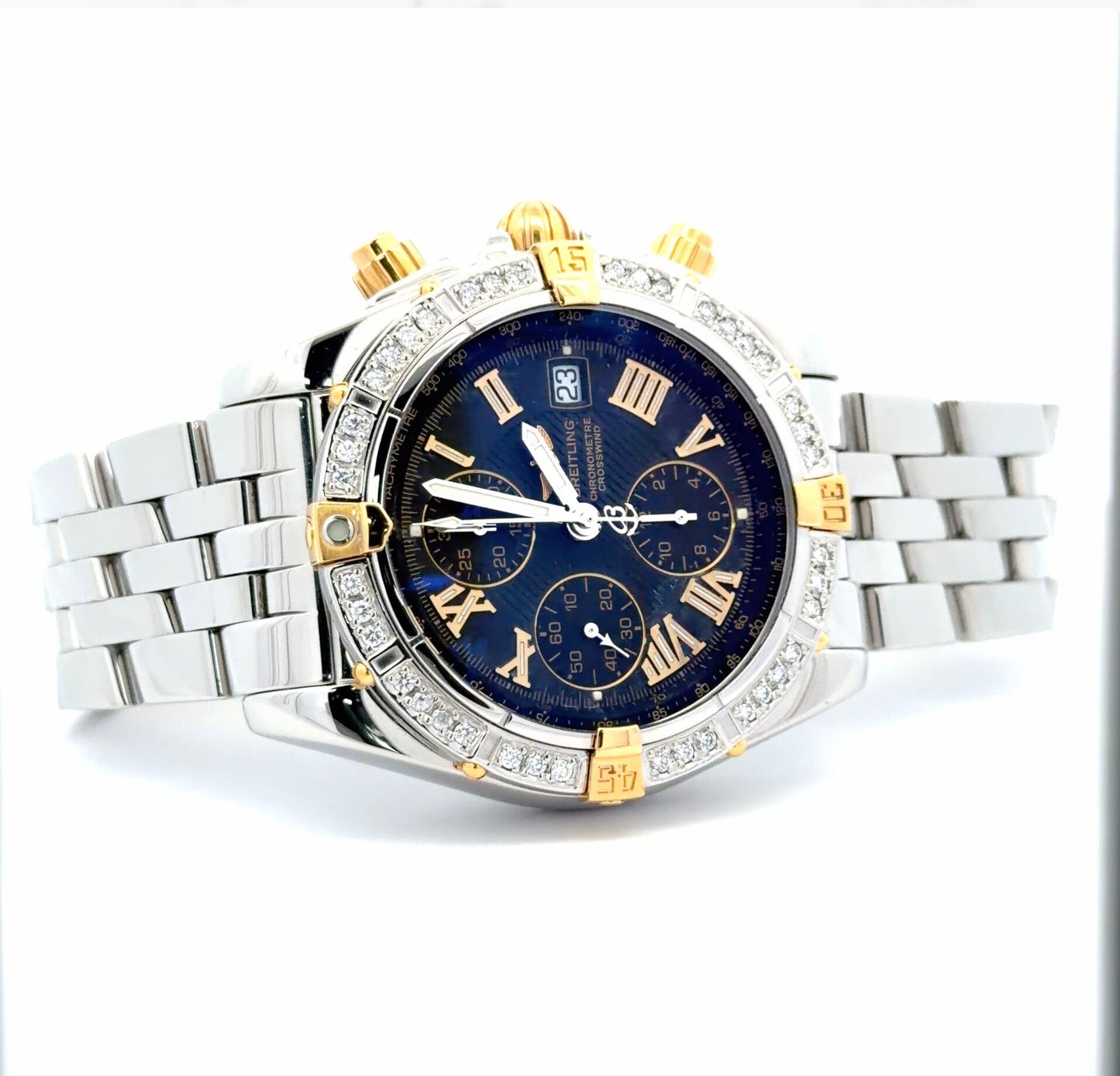 Mens Breitling Chronomat Evolution Chronograph 18K Yellow Gold/Steel Diamond Automatic Watch - 44mm