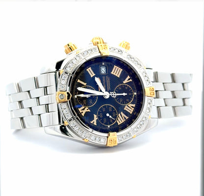 Mens Breitling Chronomat Evolution Chronograph 18K Yellow Gold/Steel Diamond Automatic Watch - 44mm