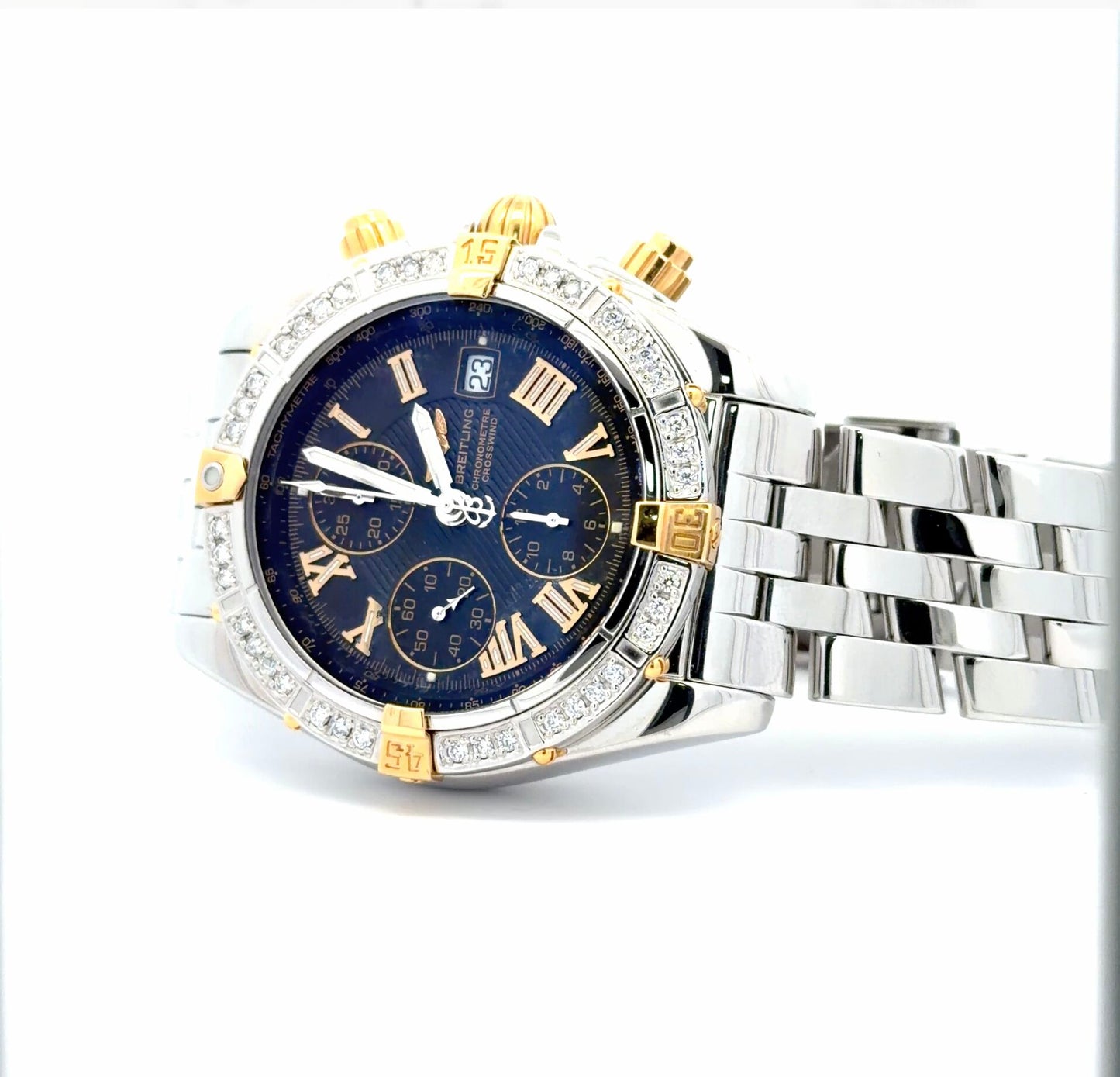 Mens Breitling Chronomat Evolution Chronograph 18K Yellow Gold/Steel Diamond Automatic Watch - 44mm