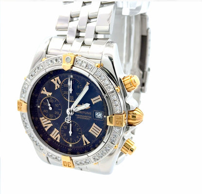 Mens Breitling Chronomat Evolution Chronograph 18K Yellow Gold/Steel Diamond Automatic Watch - 44mm