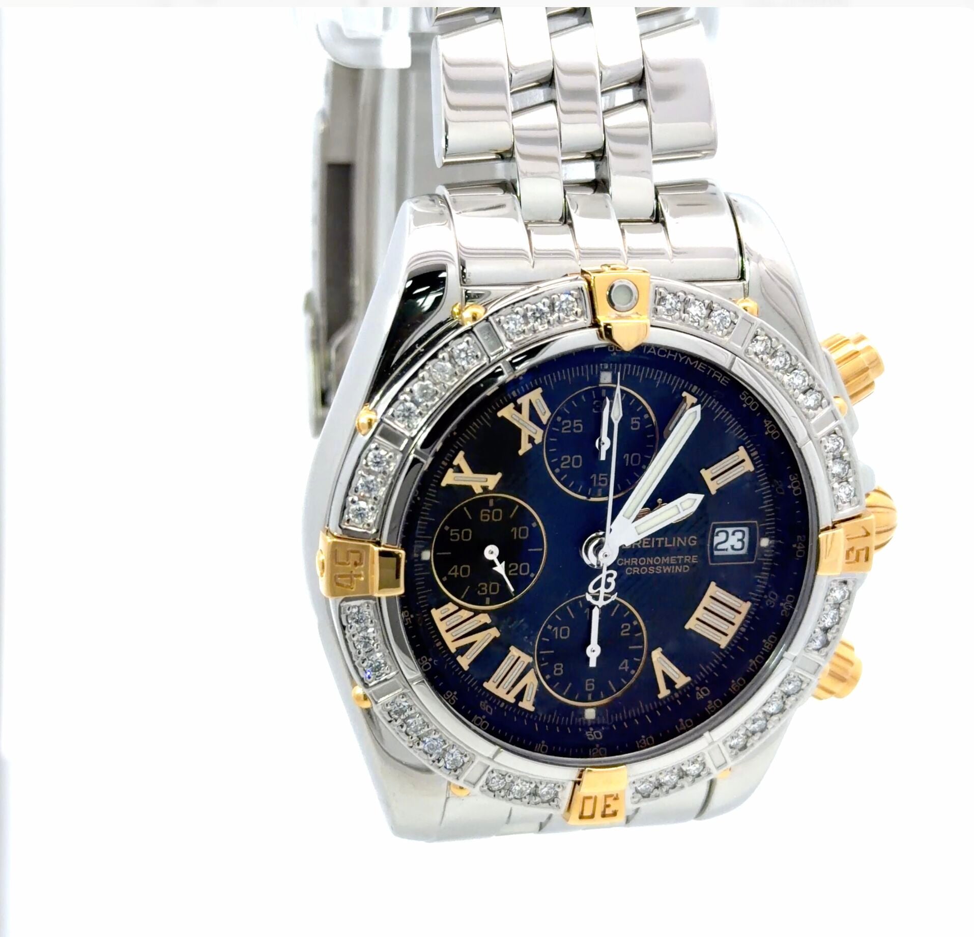 Mens Breitling Chronomat Evolution Chronograph 18K Yellow Gold/Steel Diamond Automatic Watch - 44mm