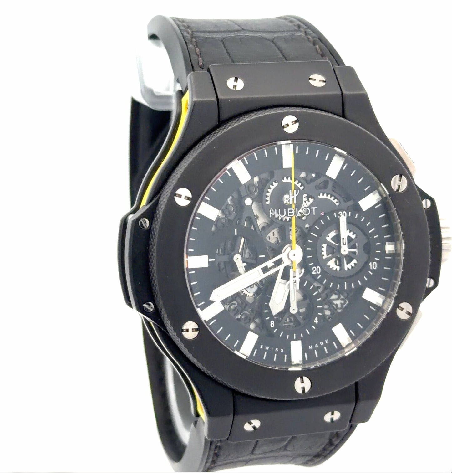 Rare Mens Hublot Big Bang Black Magic Aero Bang Skeleton Yellow Chronograph Watch
