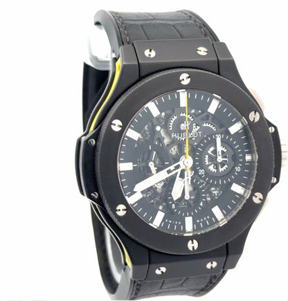 Rare Mens Hublot Big Bang Black Magic Aero Bang Skeleton Yellow Chronograph Watch