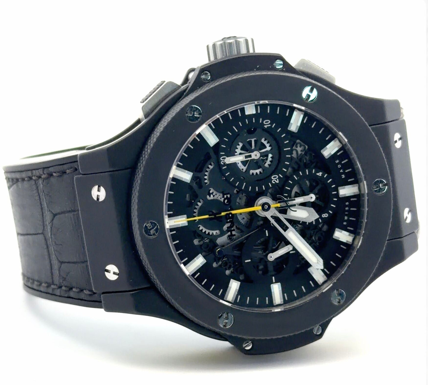 Rare Mens Hublot Big Bang Black Magic Aero Bang Skeleton Yellow Chronograph Watch