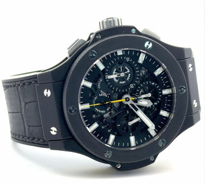 Rare Mens Hublot Big Bang Black Magic Aero Bang Skeleton Yellow Chronograph Watch