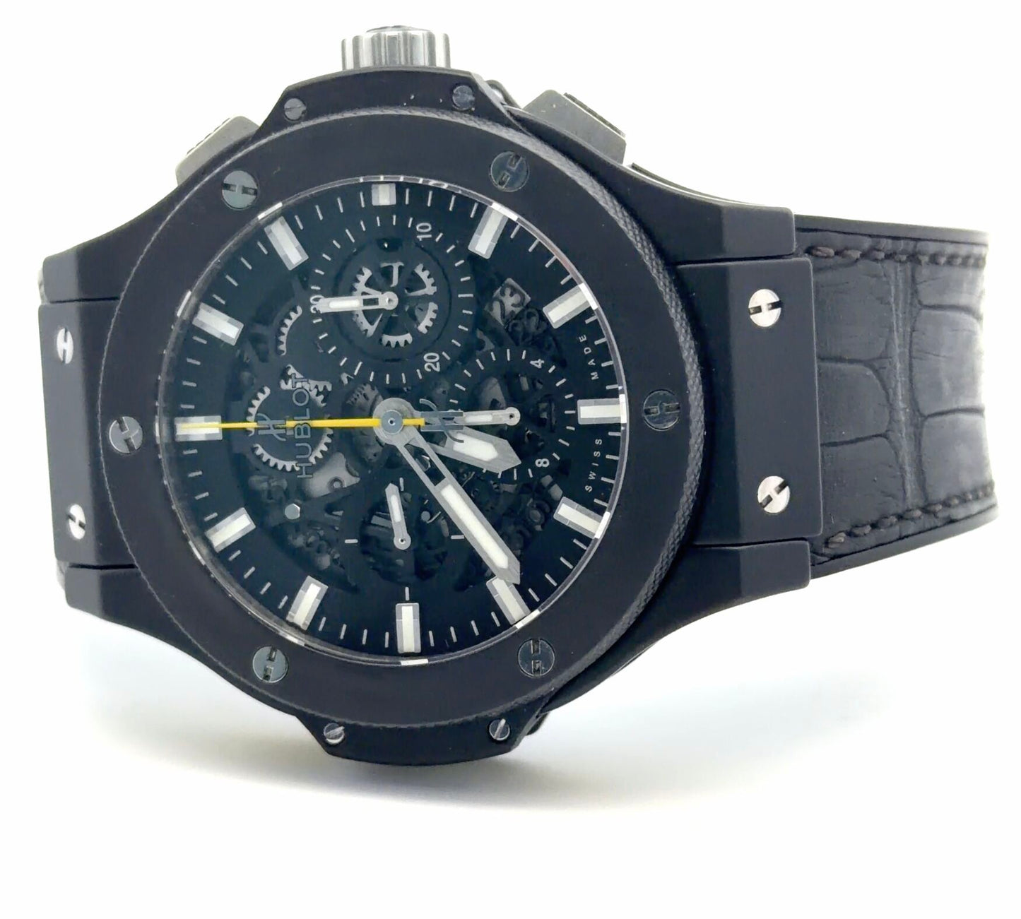 Rare Mens Hublot Big Bang Black Magic Aero Bang Skeleton Yellow Chronograph Watch