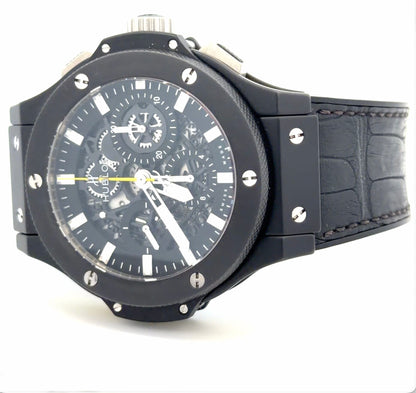 Rare Mens Hublot Big Bang Black Magic Aero Bang Skeleton Yellow Chronograph Watch