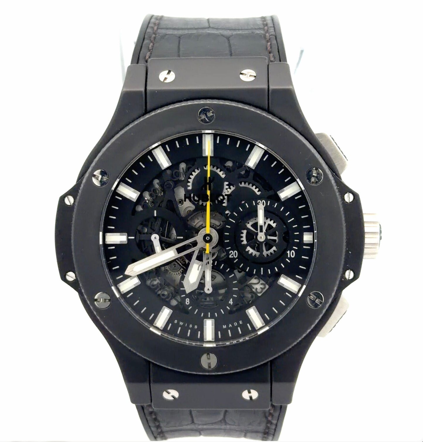 Rare Mens Hublot Big Bang Black Magic Aero Bang Skeleton Yellow Chronograph Watch