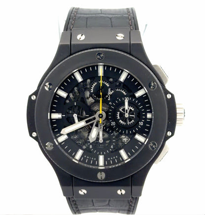 Rare Mens Hublot Big Bang Black Magic Aero Bang Skeleton Yellow Chronograph Watch