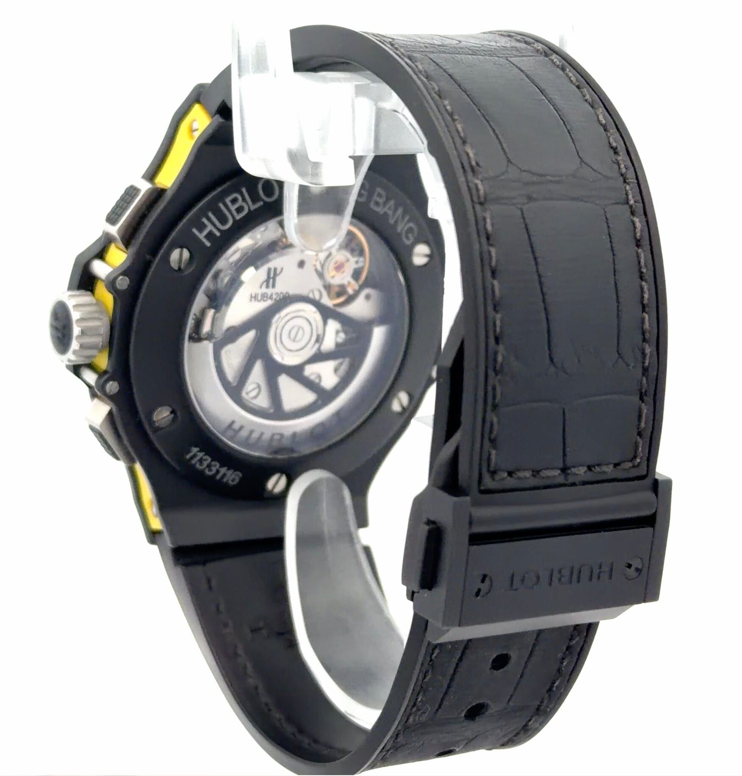 Rare Mens Hublot Big Bang Black Magic Aero Bang Skeleton Yellow Chronograph Watch