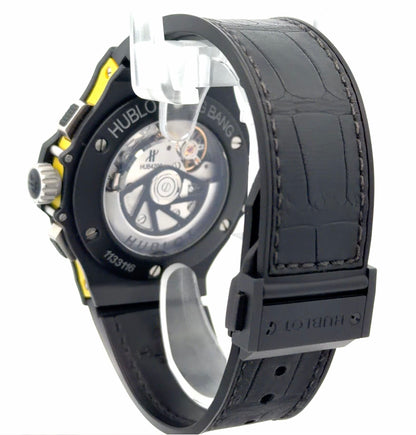 Rare Mens Hublot Big Bang Black Magic Aero Bang Skeleton Yellow Chronograph Watch