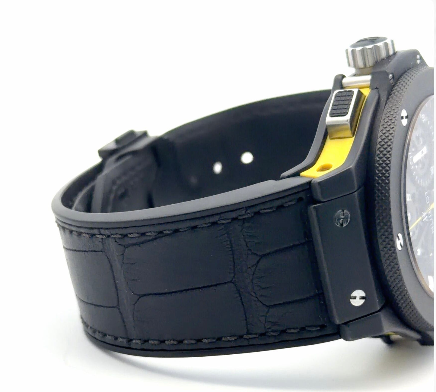 Rare Mens Hublot Big Bang Black Magic Aero Bang Skeleton Yellow Chronograph Watch