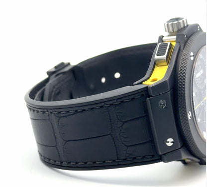 Rare Mens Hublot Big Bang Black Magic Aero Bang Skeleton Yellow Chronograph Watch