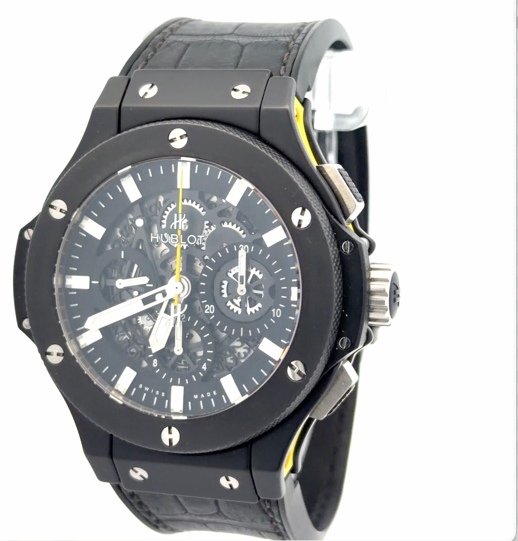 Rare Mens Hublot Big Bang Black Magic Aero Bang Skeleton Yellow Chronograph Watch