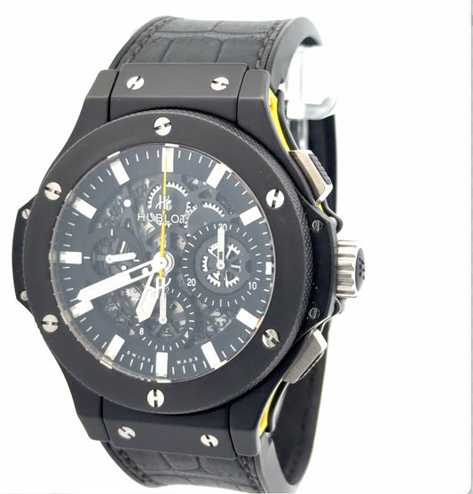 Rare Mens Hublot Big Bang Black Magic Aero Bang Skeleton Yellow Chronograph Watch