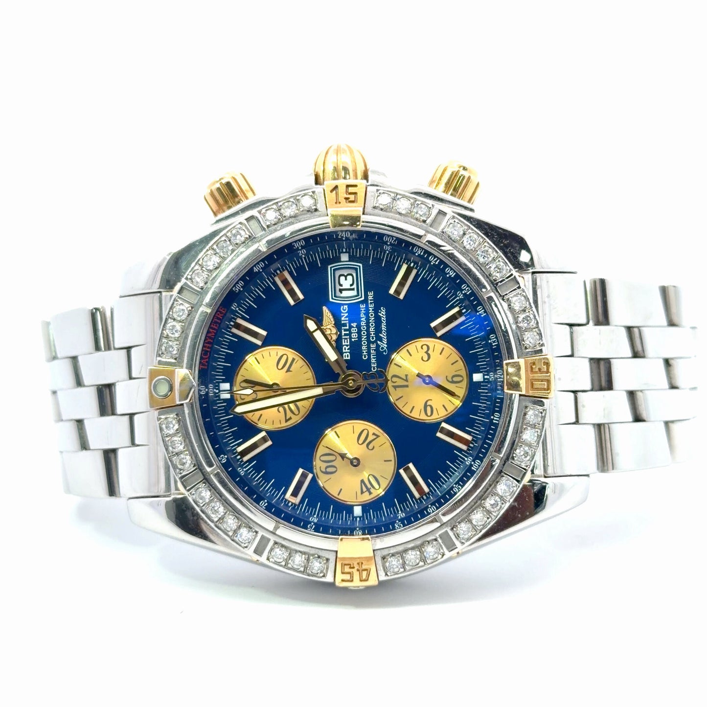 Mens Breitling Chronomat Evolution Chronograph 18K Yellow Gold/Steel  Diamond Watch