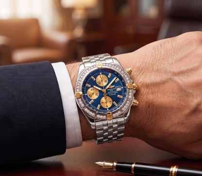 Mens Breitling Chronomat Evolution Chronograph 18K Yellow Gold/Steel  Diamond Watch
