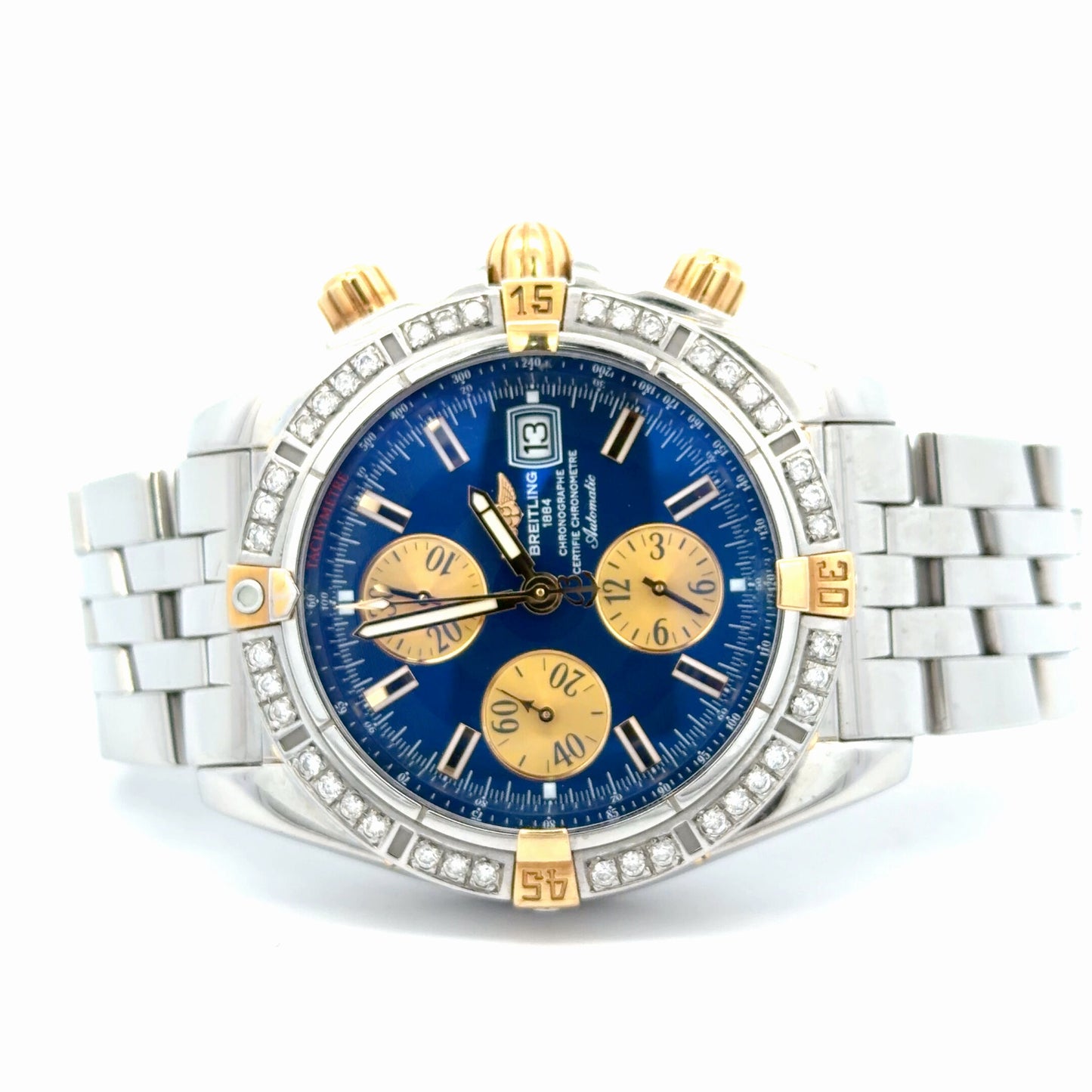 Mens Breitling Chronomat Evolution Chronograph 18K Yellow Gold/Steel  Diamond Watch