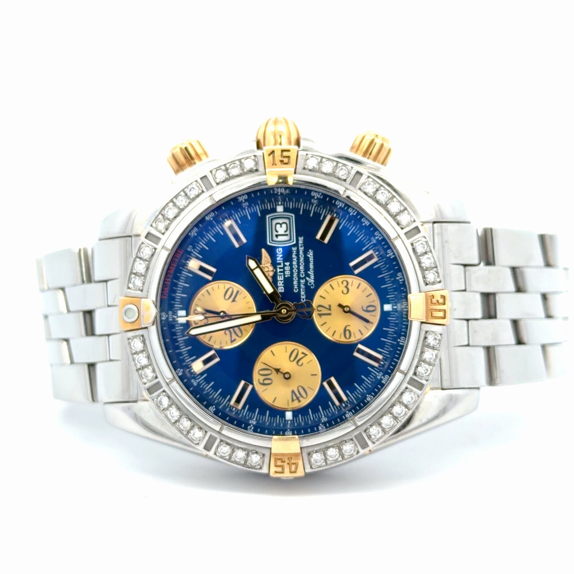 Mens Breitling Chronomat Evolution Chronograph 18K Yellow Gold/Steel  Diamond Watch