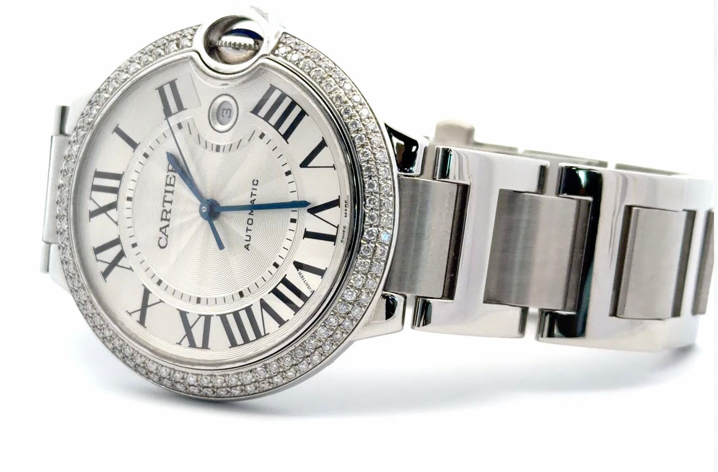 Mens Cartier Ballon Bleu Steel Diamond Automatic Watch