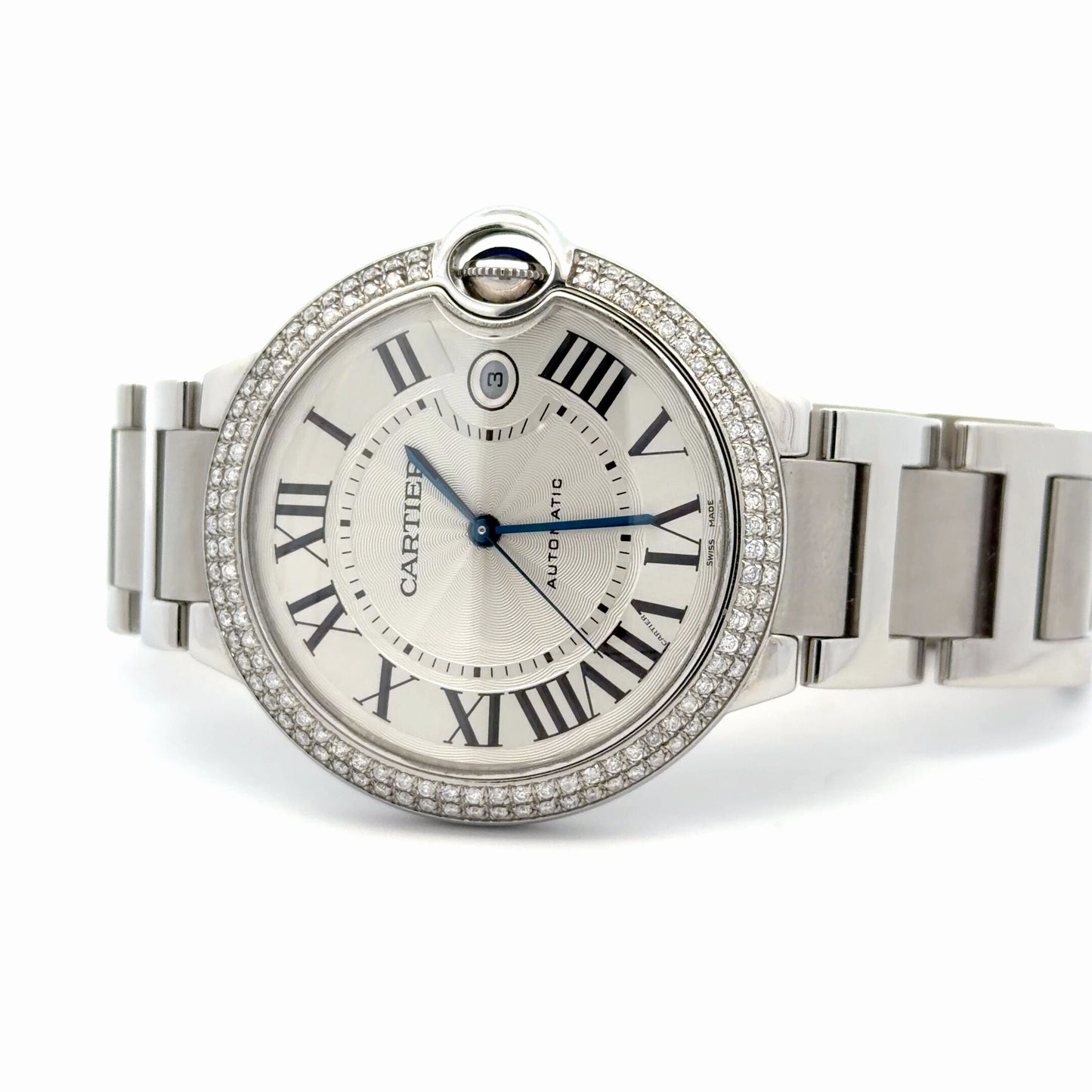 Mens Cartier Ballon Bleu Steel Diamond Automatic Watch