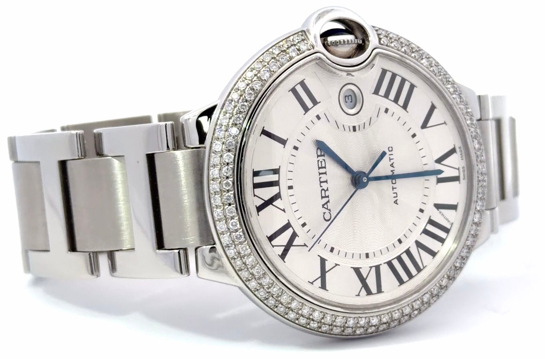 Mens Cartier Ballon Bleu Steel Diamond Automatic Watch