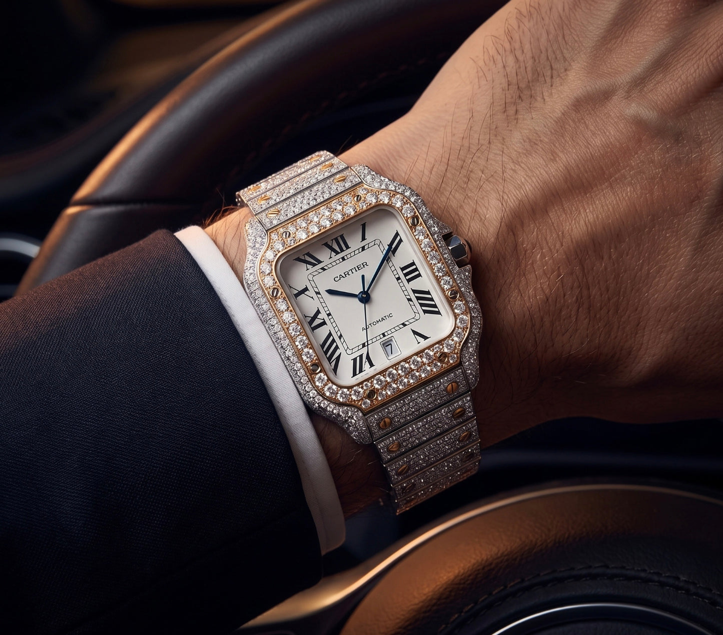 Mens Cartier Santos De Cartier 18K Gold/Steel Diamond Automatic Watch