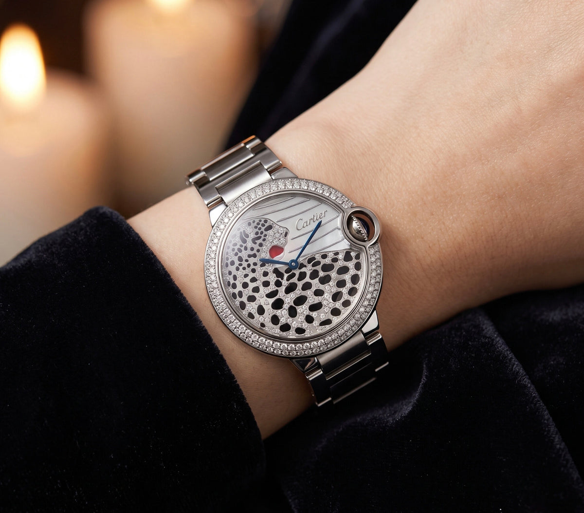 Womens Cartier Ballon Bleu Steel Diamond Panther Watch
