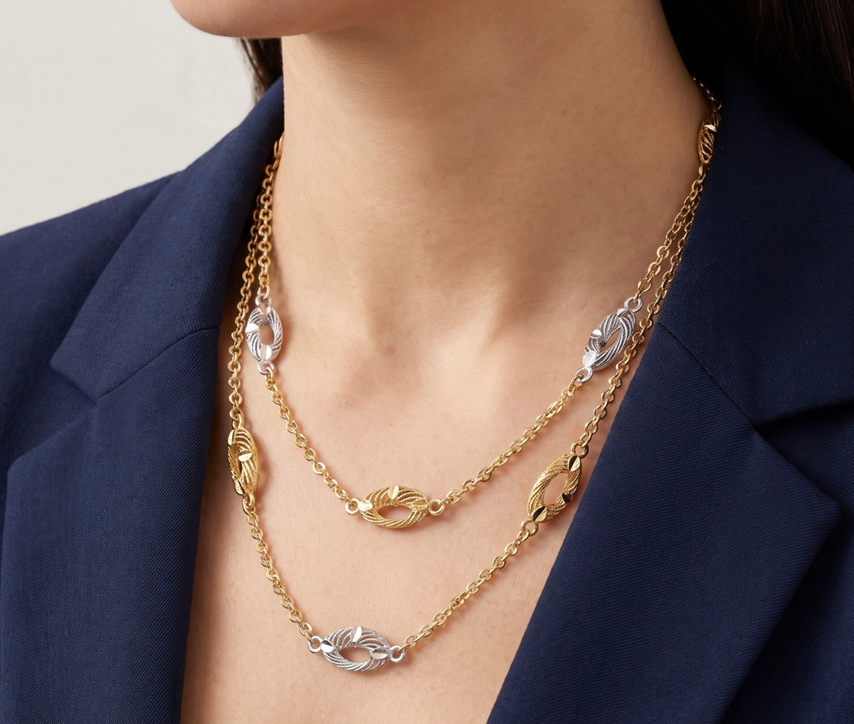 Two Tone Hoop Necklace 22K White and Yellow Gold Dainty Layered Station