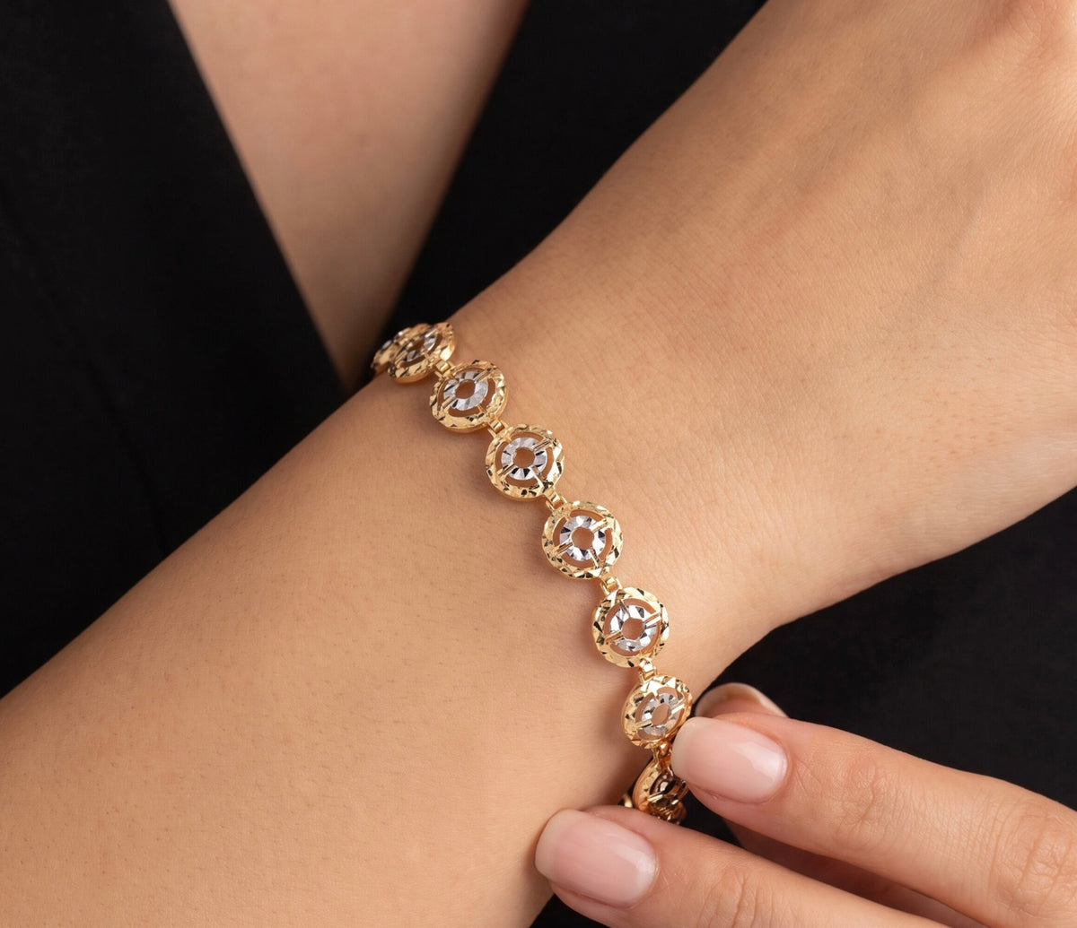 Two Tone Chain Bracelet 22K White and Yellow Gold Polished Link Design