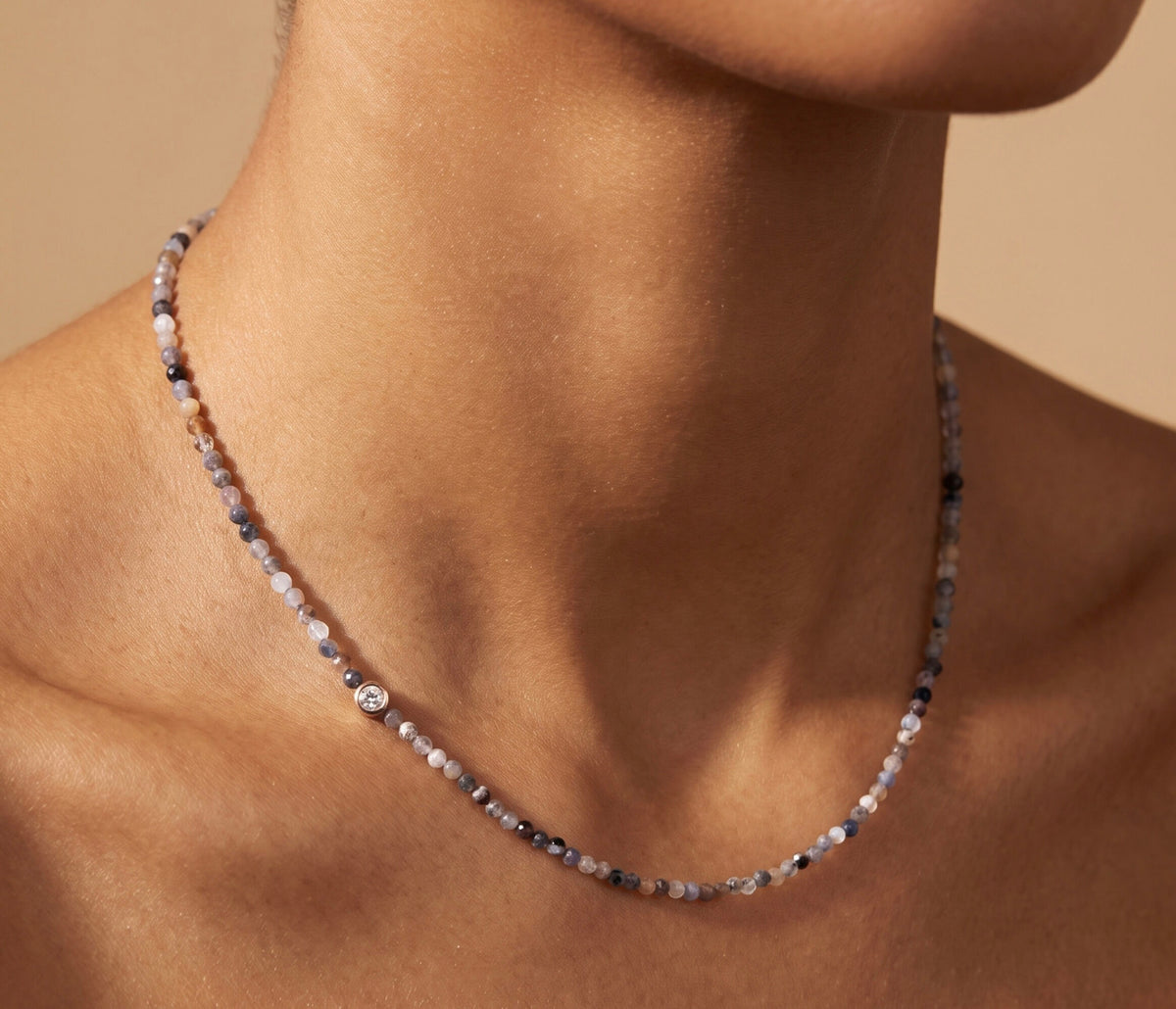 14K Yellow Gold Quartz Beaded Necklace with Single Diamond .01 CTW