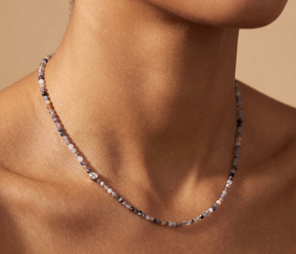14K Yellow Gold Quartz Beaded Necklace with Single Diamond .01 CTW