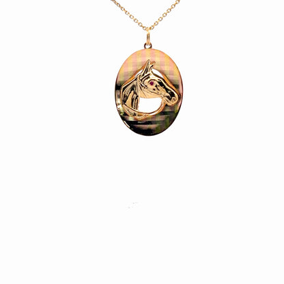 14K Yellow Gold Horse Head Pendant Necklace Synthetic Ruby 0.02 ct