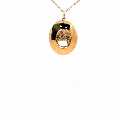 14K Yellow Gold Horse Head Pendant Necklace Synthetic Ruby 0.02 ct