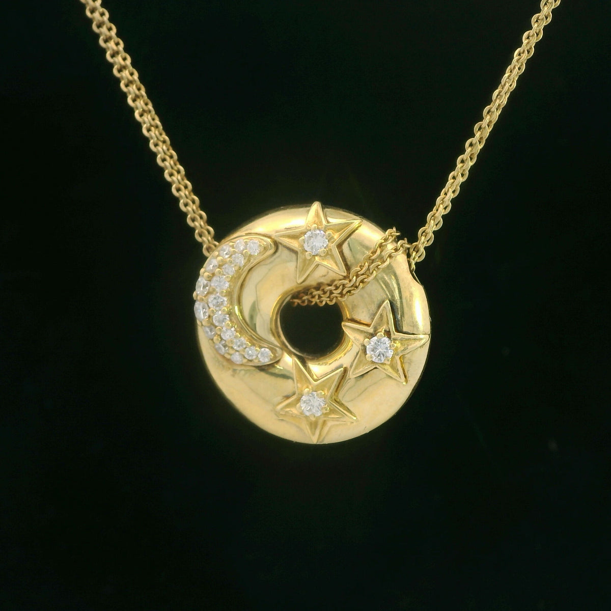 18K Yellow Gold Jose Hess Diamond Moon & Stars Pendant Necklace 0.75 ct Diamond