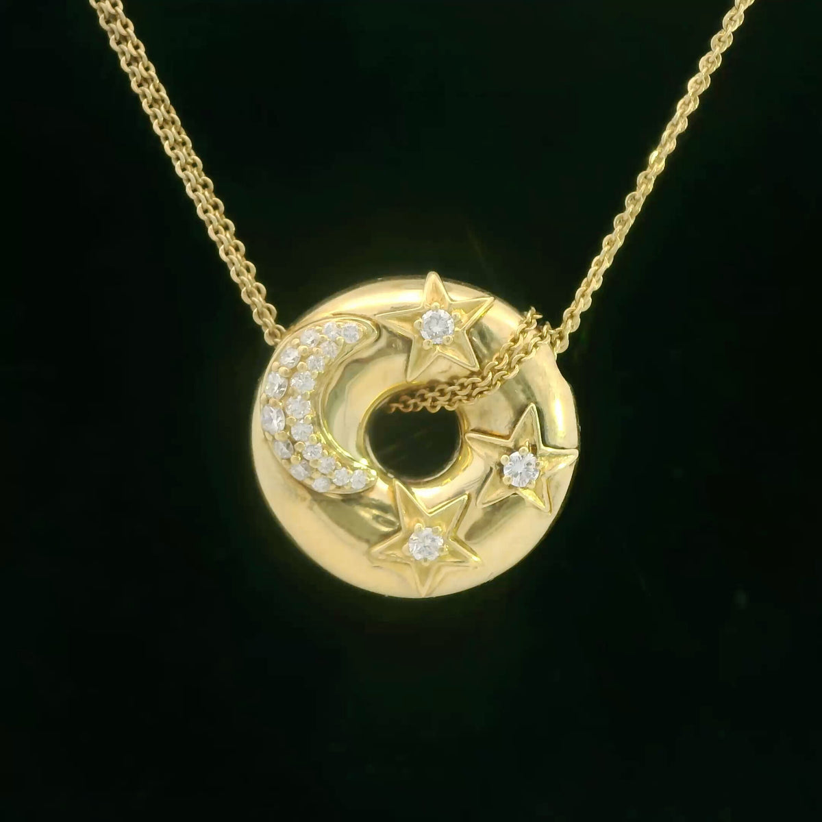 18K Yellow Gold Jose Hess Diamond Moon & Stars Pendant Necklace 0.75 ct Diamond