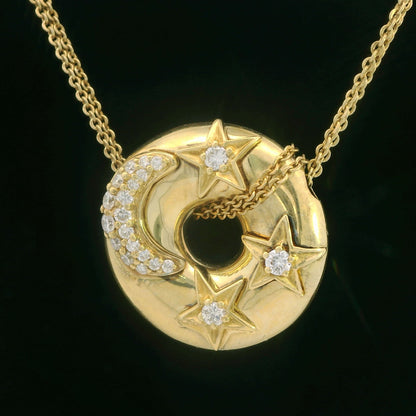 18K Yellow Gold Jose Hess Diamond Moon & Stars Pendant Necklace 0.75 ct Diamond