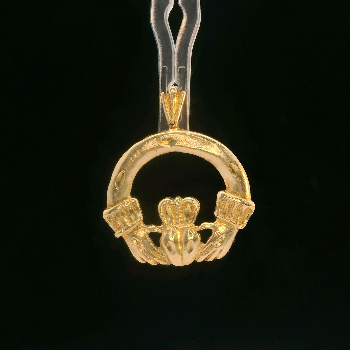 14K Yellow Gold Claddagh Pendant, Dainty Classic Irish Heart Crown Hands
