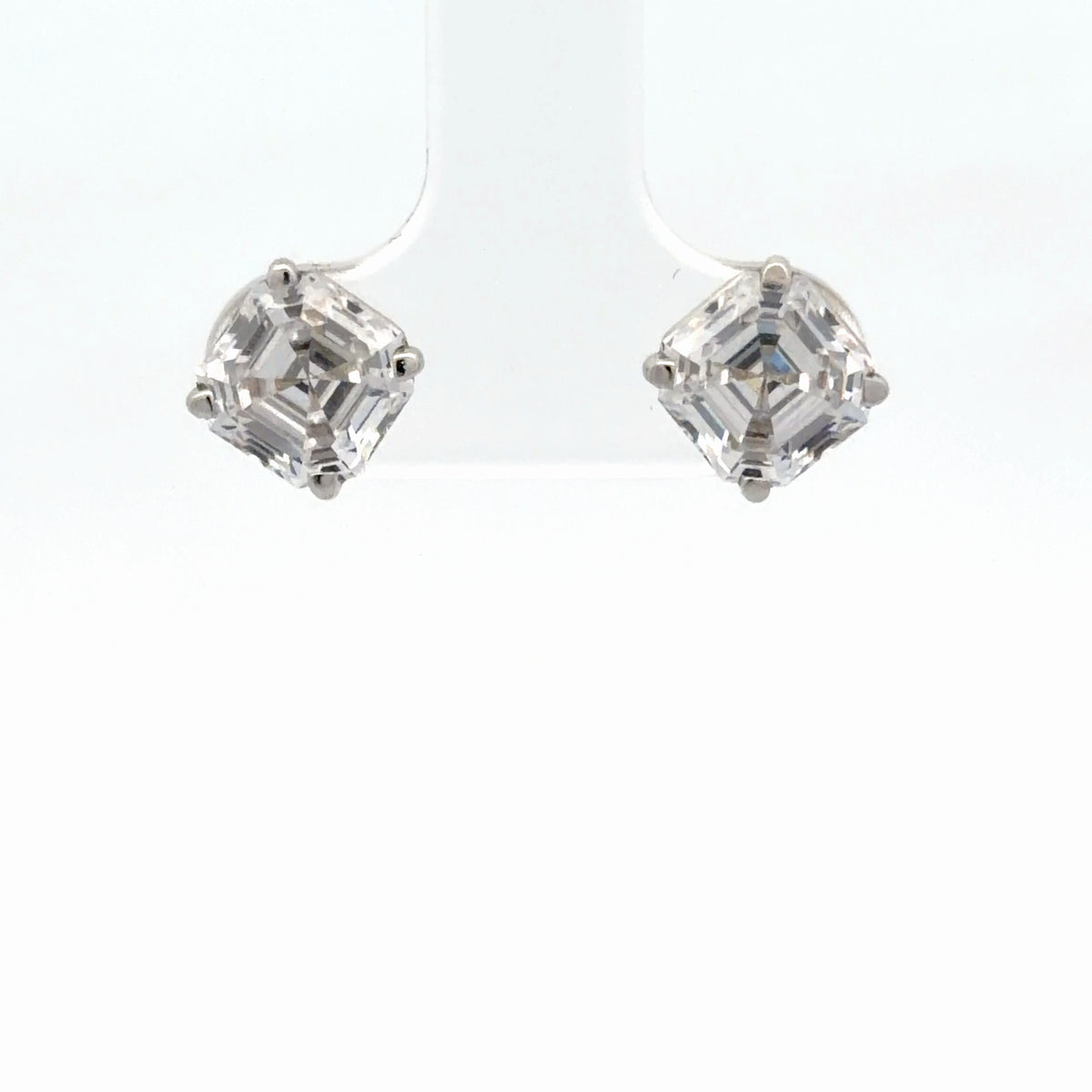 14K White Gold 3.00 CTW Asscher Cut Diamond Simulant Solitaire Stud Earrings