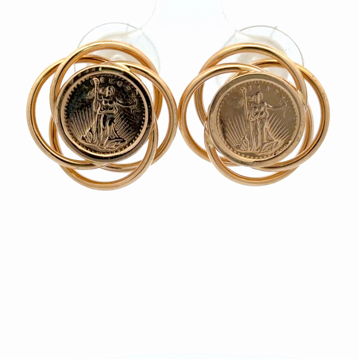 14K Yellow Gold Liberty Coin Stud Earrings Miniature Dainty Everyday Pair