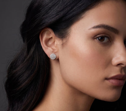 14K White Gold Pave Diamond Disk Stud Earrings, Dainty Round Minimalist