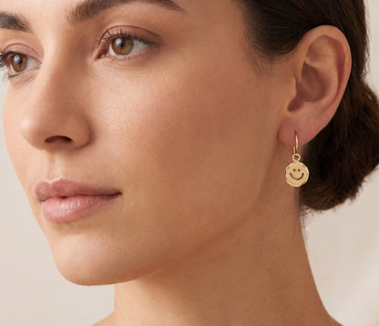 18K Yellow Gold Smiley Face Drop Earrings, Whimsical Polished Dangle Charms
