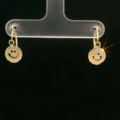 18K Yellow Gold Smiley Face Drop Earrings, Whimsical Polished Dangle Charms