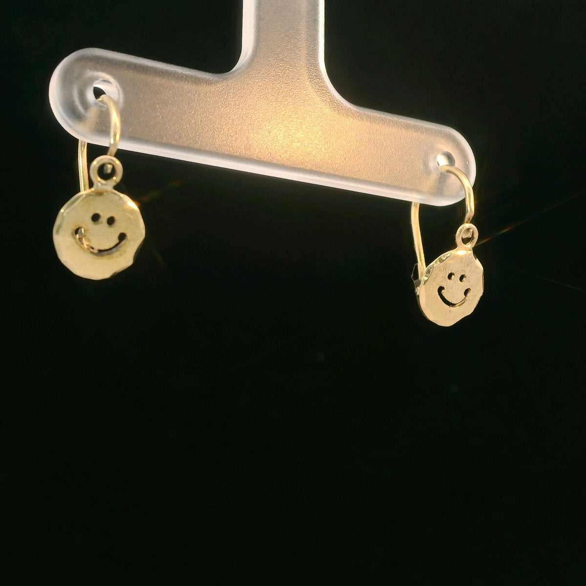 18K Yellow Gold Smiley Face Drop Earrings, Whimsical Polished Dangle Charms