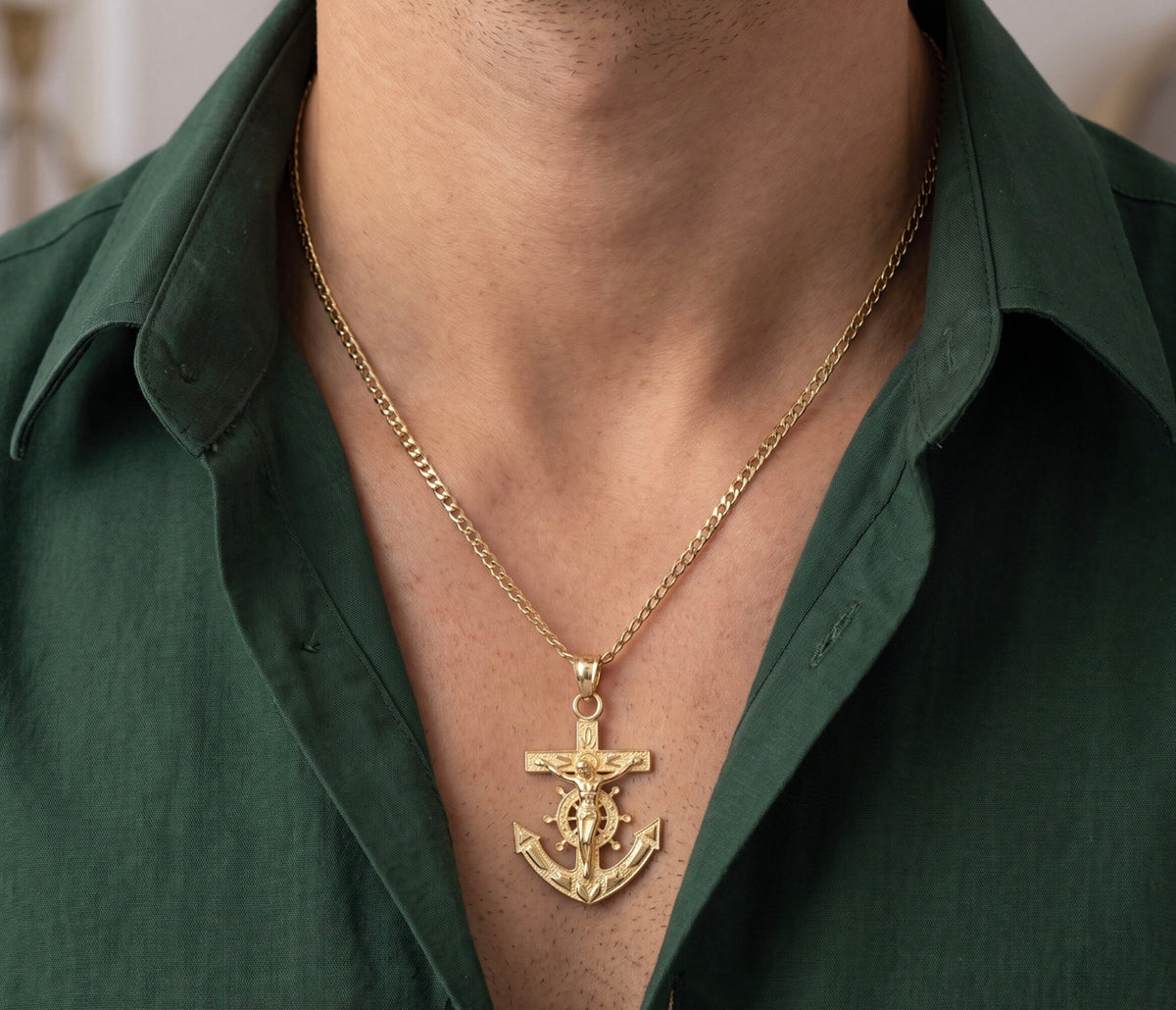 14K Yellow Gold Mariners Cross Pendant / Charm, Dainty Polished Finish