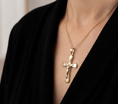 14K Yellow Gold Beveled Cross Pendant, Dainty Polished Religious Symbol