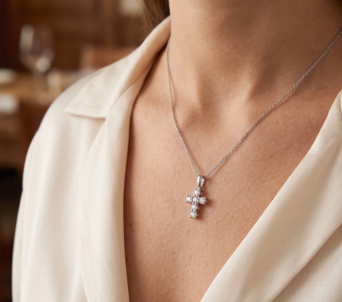 900 Platinum & Round Diamond Cross Pendant, 0.20 CTW, Dainty Classic Design