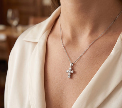 900 Platinum & Round Diamond Cross Pendant, 0.20 CTW, Dainty Classic Design