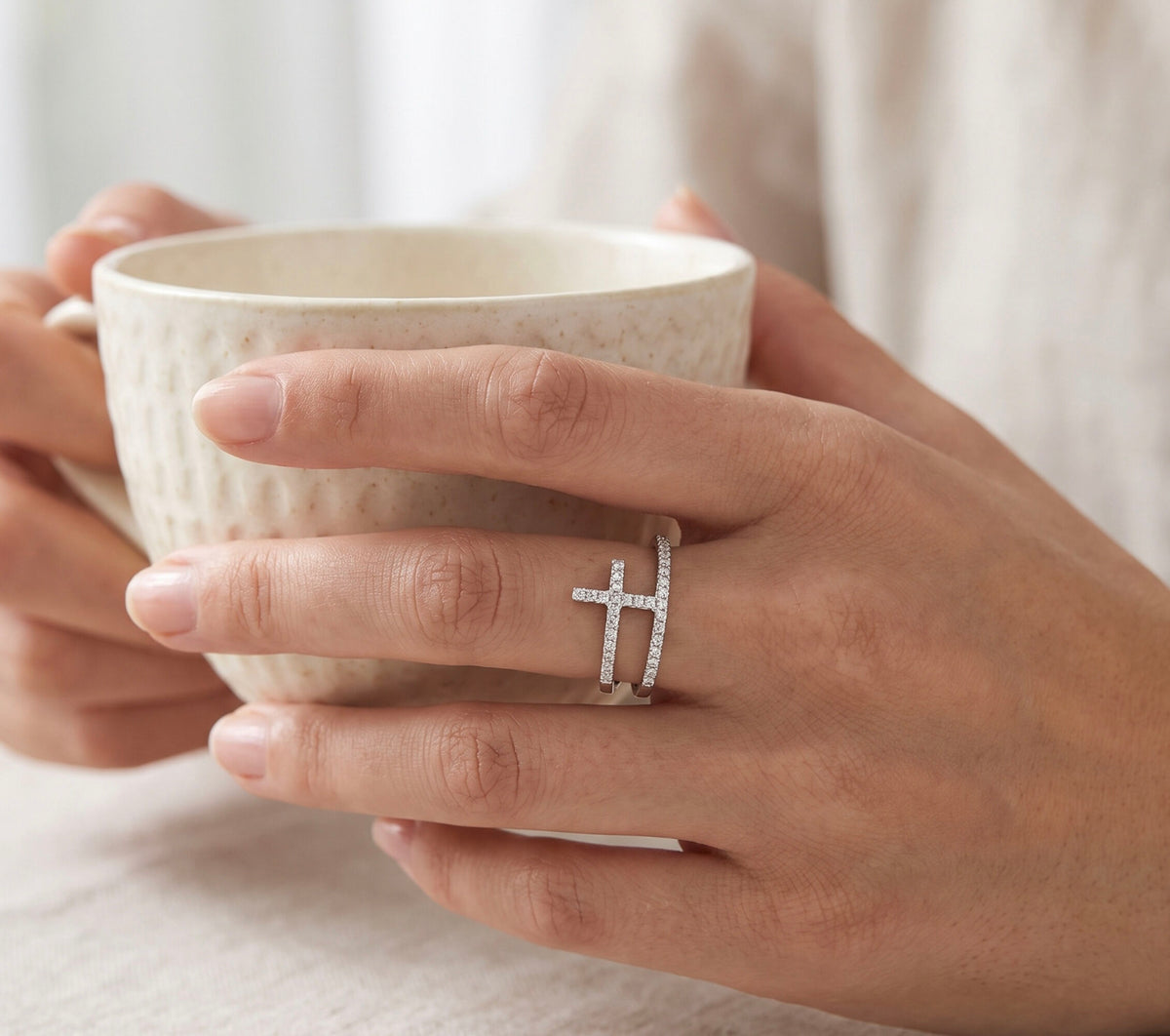 14K White Gold 0.21 CTW Diamond Cross Ring, Dainty Round Cut, Size 3.75