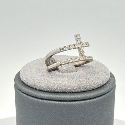 14K White Gold 0.21 CTW Diamond Cross Ring, Dainty Round Cut, Size 3.75